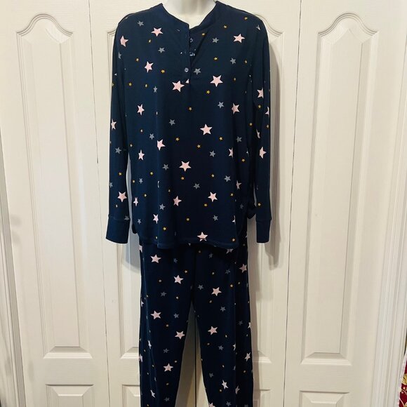 Simply Vera Verawang Sz. Small-Pajama Long Sleeve Set-1/4 Button up -Navy/Pink - Picture 2 of 15